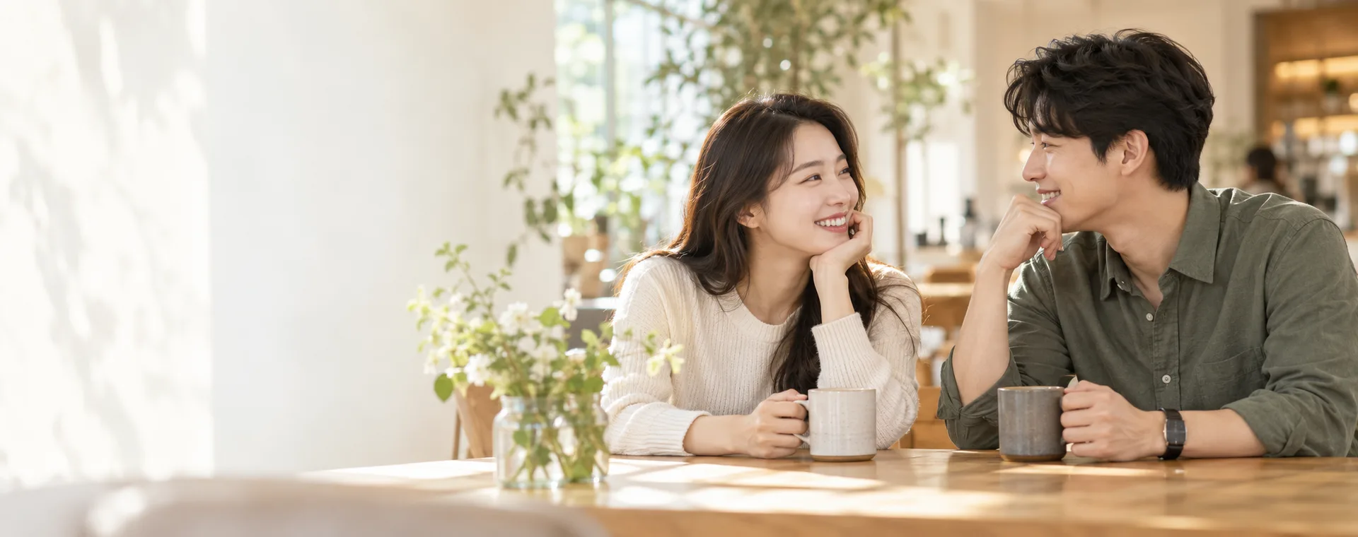 밝은 카페에서 편안하게 대화하는 커플