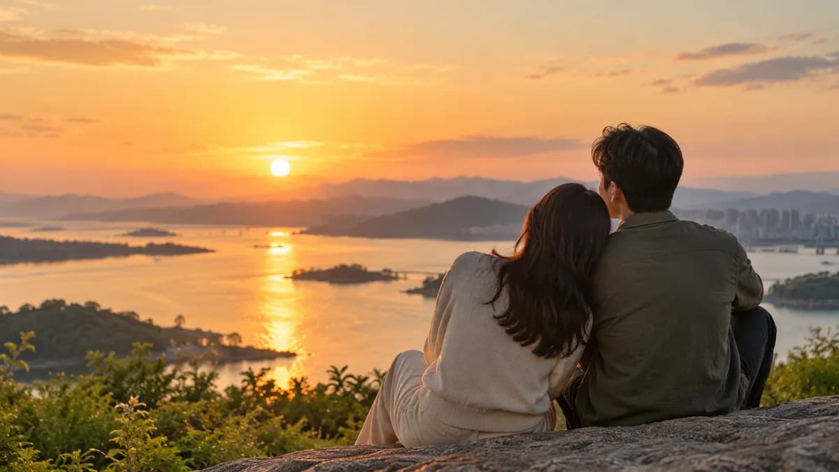 노을을 바라보며 함께 앉아 있는 커플
